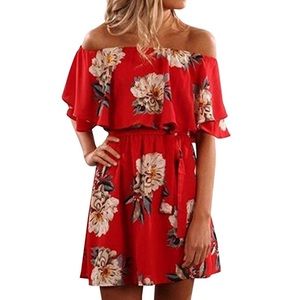 Red Floral Off Shoulder Mini Dress
